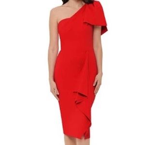 BETSY & ADAM "MELANIE" RED ONE SHOULDER FRONT RUFFLE DRESS SIZE 4 $219